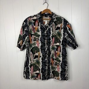 Vintage KY’s Hawaii Shirt Mens Large Tiki Surfboard Hawaiian Tribal Floral Black